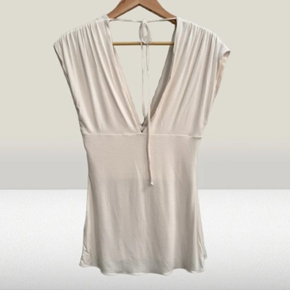 NEW Sky Women Deep V-Neck Top Braided Rope Belt Cream Large - Picture 2 of 3